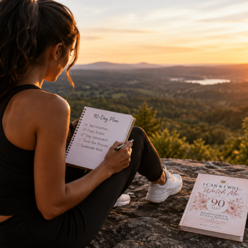 Woman creating a 90-day goal plan for personal growth, manifestation, and staying consistent with her goals
