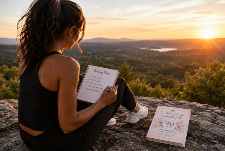 Woman creating a 90-day goal plan for personal growth, manifestation, and staying consistent with her goals