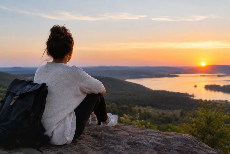 Woman sitting on a scenic overlook at sunset, reflecting on a new chapter in life.